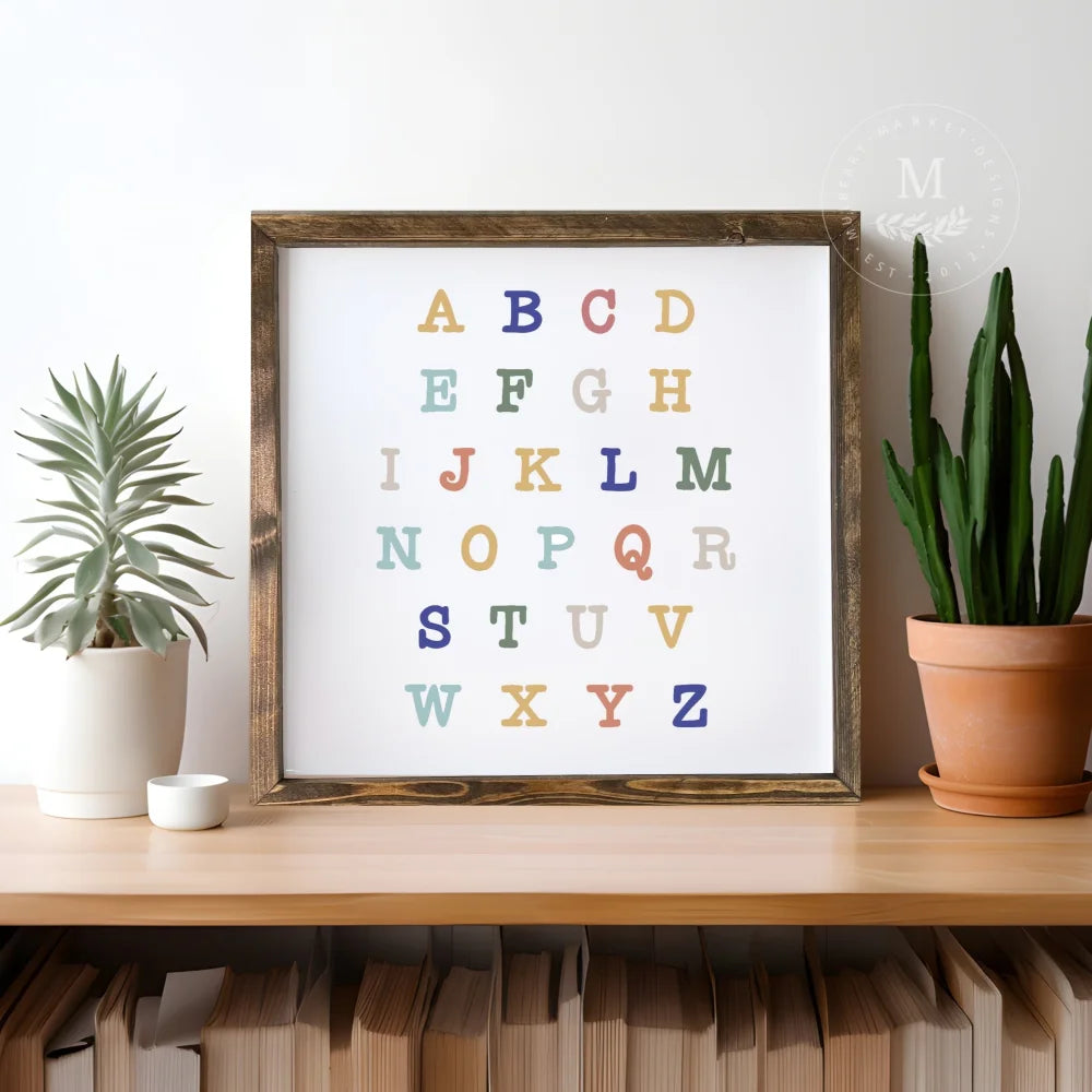 Kids Room Abc Alphabet Wood Sign 18X18 / Natural Wood Framed Sign