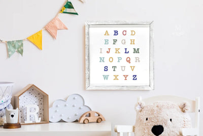 Kids Room Abc Alphabet Wood Sign 18X18 / Rustic White Wood Framed Sign