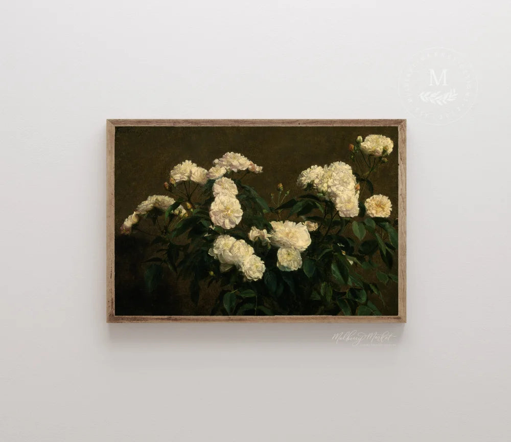 Moody White Roses Vintage Wall Art 20X16 / Walnut Wood Framed Sign