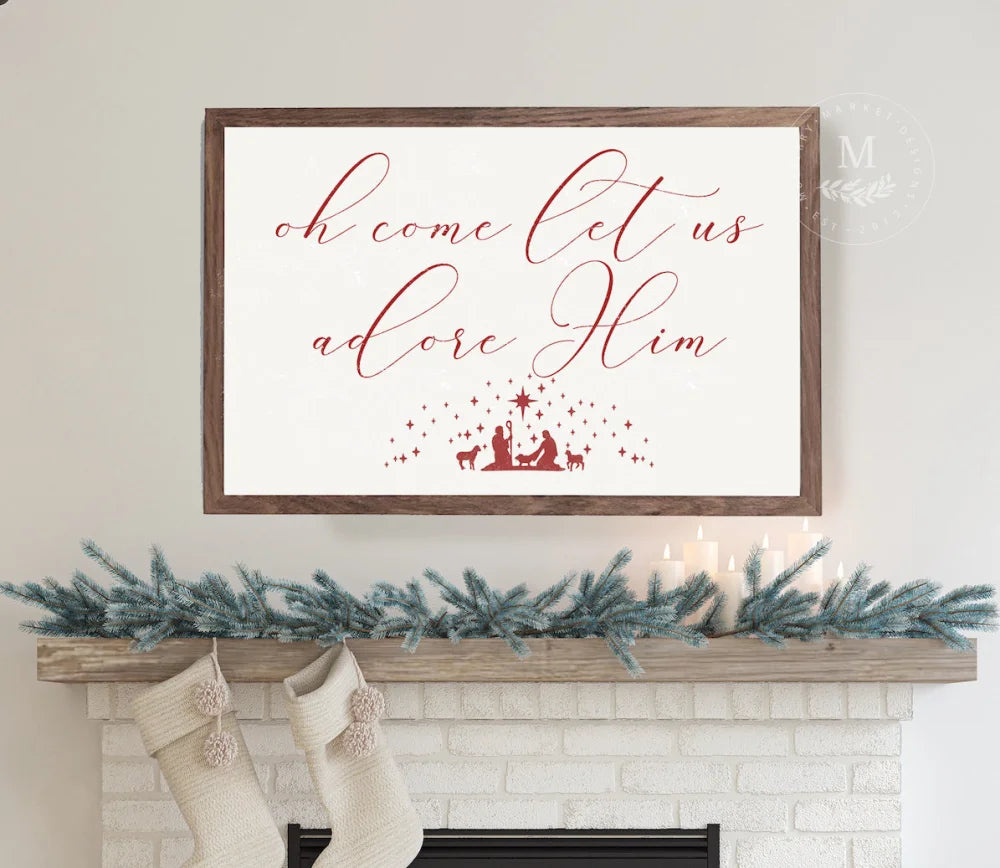 Oh Come Let Us Adore Him Christmas Wood Framed Sign 20X16 / Walnut Frame White Wood Framed Sign