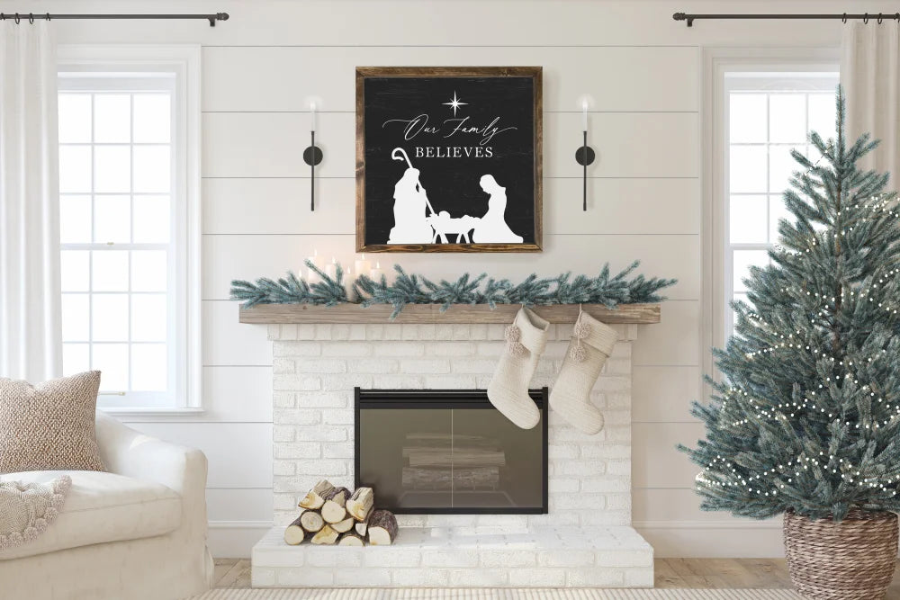 Our Family Believes Nativity Christmas Wood Framed Sign 18X18 / Walnut Black Wood Framed Sign