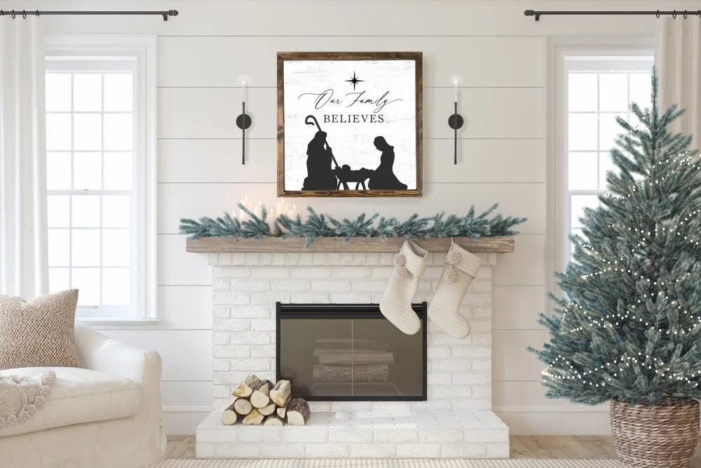 Our Family Believes Nativity Christmas Wood Framed Sign 18X18 / Walnut White Wood Framed Sign
