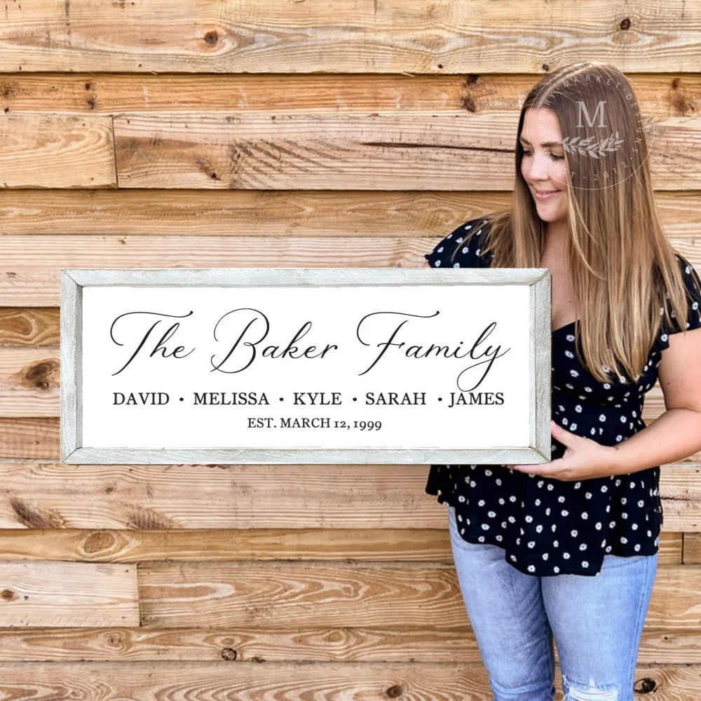 Personalized Family Name Sign With Kids Names 20X10 / Rustic White Wood Framed Sign
