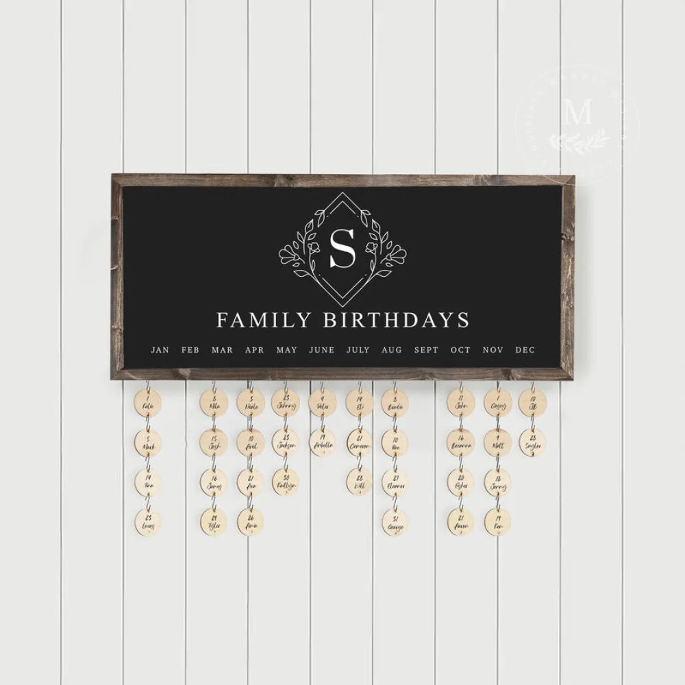 Personalized Monogram Family Birthday Calendar Sign With Tags Wood Framed Sign