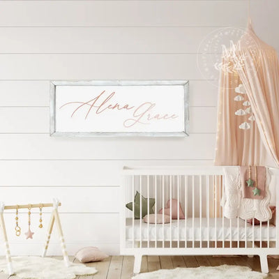 Personalized Nursery Baby Name Sign 20X10 / Rustic White Wood Framed Sign