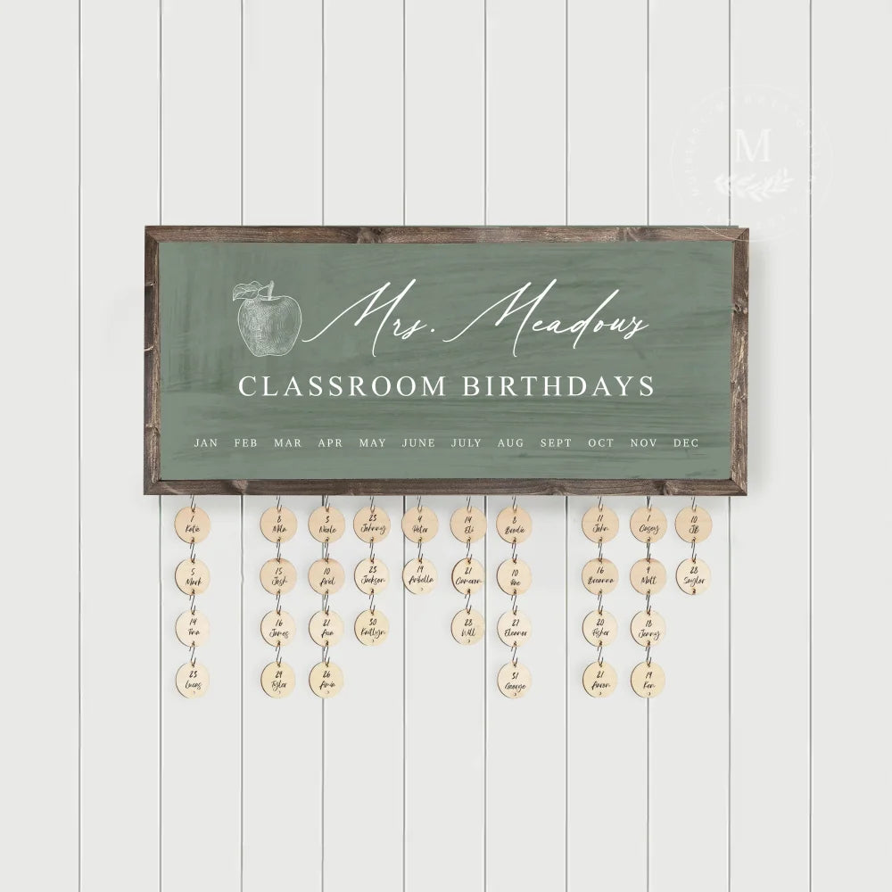 Personalized Teacher Classroom Birthday Calendar Sign With Tags Wood Framed Sign