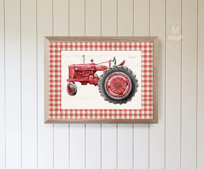 Red Gingham Tractor Kids Wall Art Wood Framed Sign