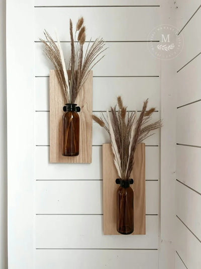 Set Of 2 Rustic Wood Farmhouse Sconces Pampas / Natural Amber Glass Wall