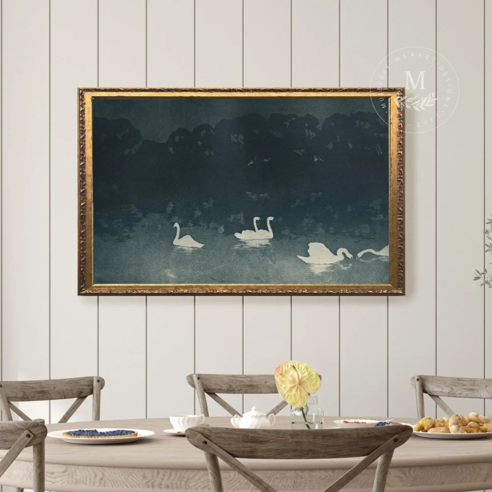 Vintage Art Evening Swans Painting Wood Framed Sign
