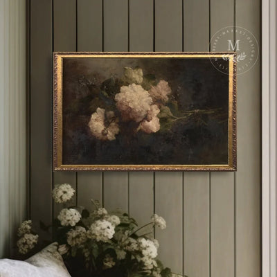 Vintage Art Moody Floral Peony Painting Wood Framed Sign