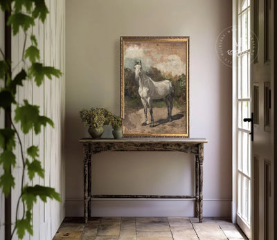 Vintage Art White Horse Equestrian Painting Wood Framed Sign
