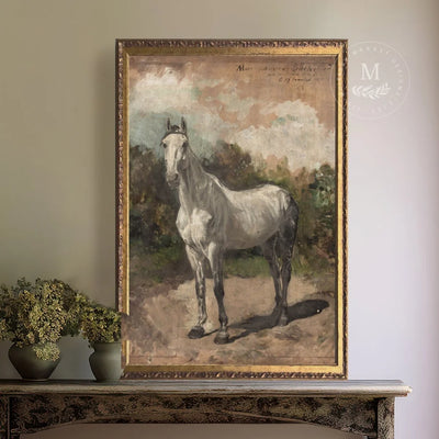 Vintage Art White Horse Equestrian Painting Wood Framed Sign