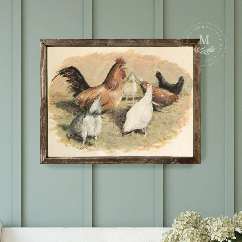 Vintage Chicken Painting Framed Art Print Wood Framed Sign