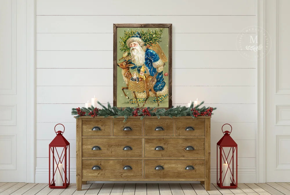 Vintage Santa Reindeer Wood Framed Art Wood Framed Sign