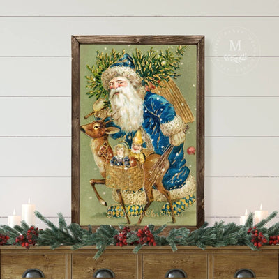 Vintage Santa Reindeer Wood Framed Art Wood Framed Sign