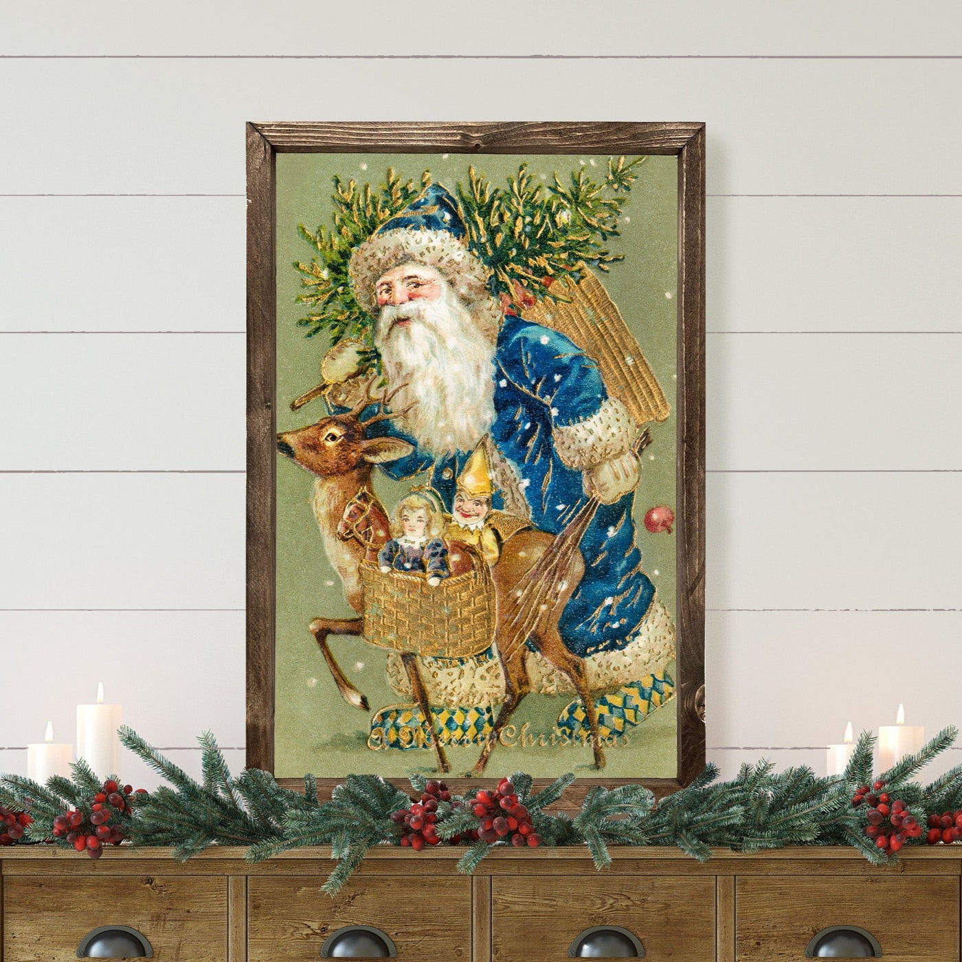 Vintage Santa Reindeer Wood Framed Art - Mulberry Market Designs