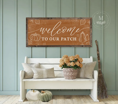 Welcome To Our Patch Pumpkin Fall Sign 20X10 / Walnut Frame Orange