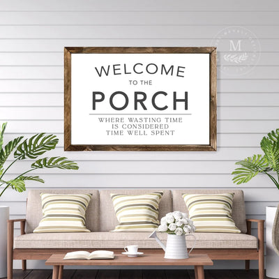 Welcome To The Porch Farmhouse Wood Sign 20X16 / Walnut Frame White Wood Framed Sign