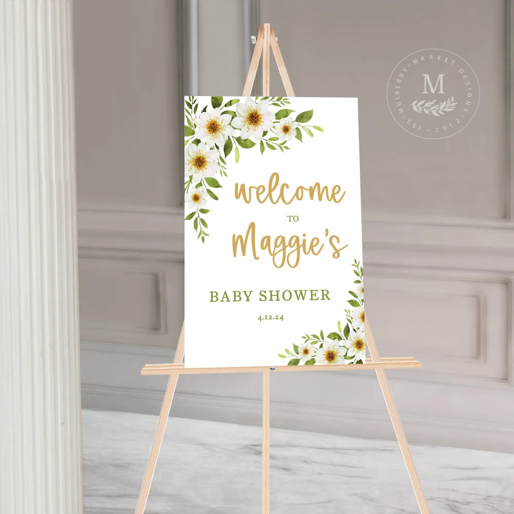 White Flowers Baby Shower Sign Acrylic