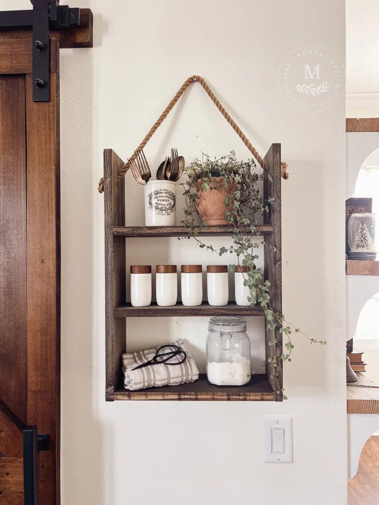 Wood Storage Shelves With Hanging Rope